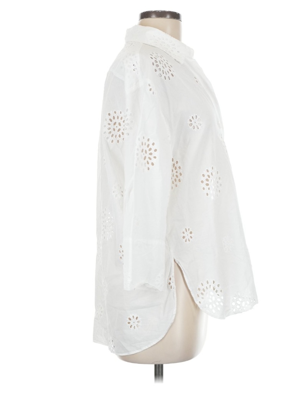 Women’s White Eyelet Cut Out Button-Up Collared Shirt Top Side Medium - Picture 5 of 11